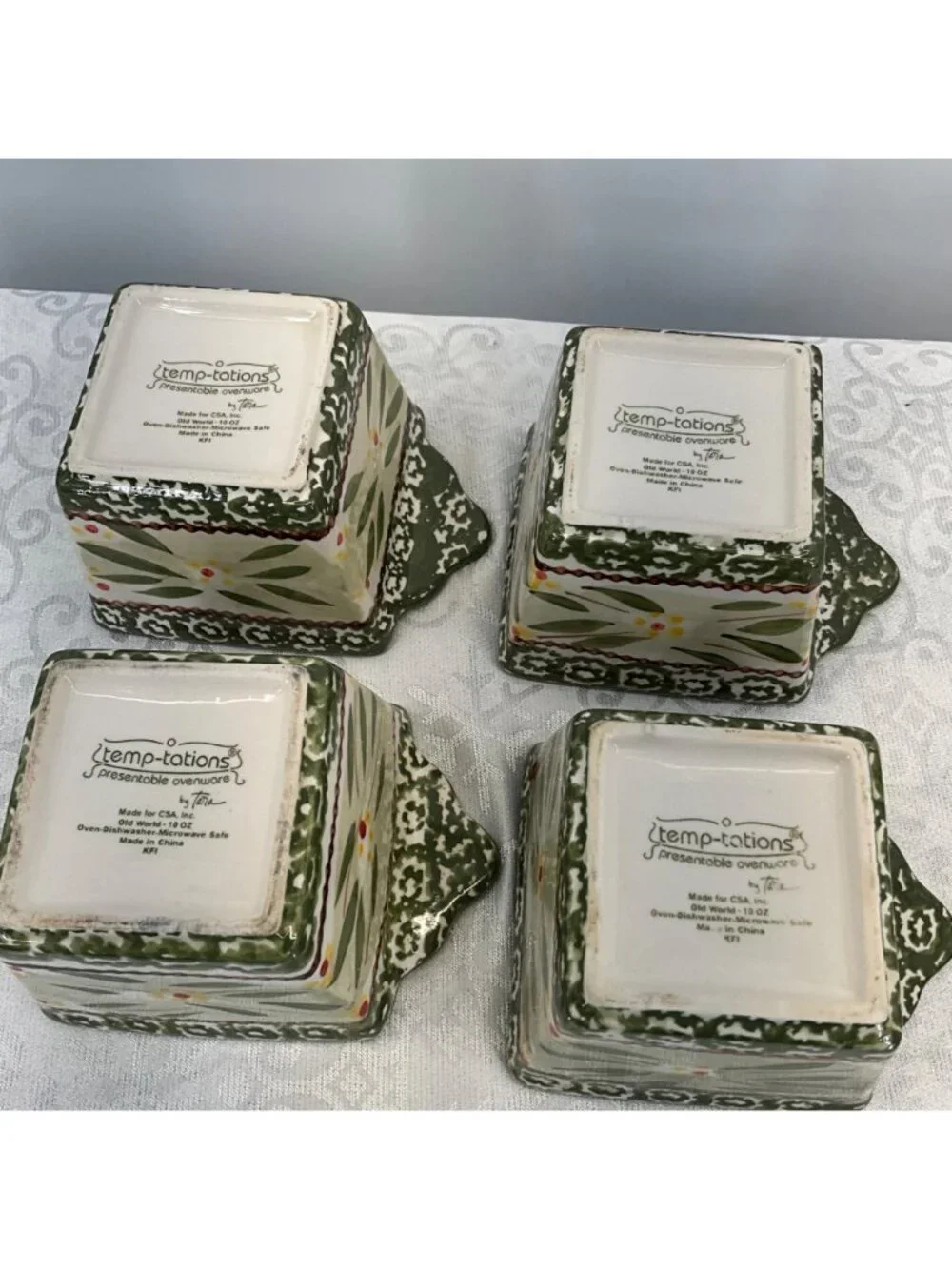 Temp-Tations Old World Green Square 10 Oz Ramekins Set Of 4 With Lid Oven & Dish